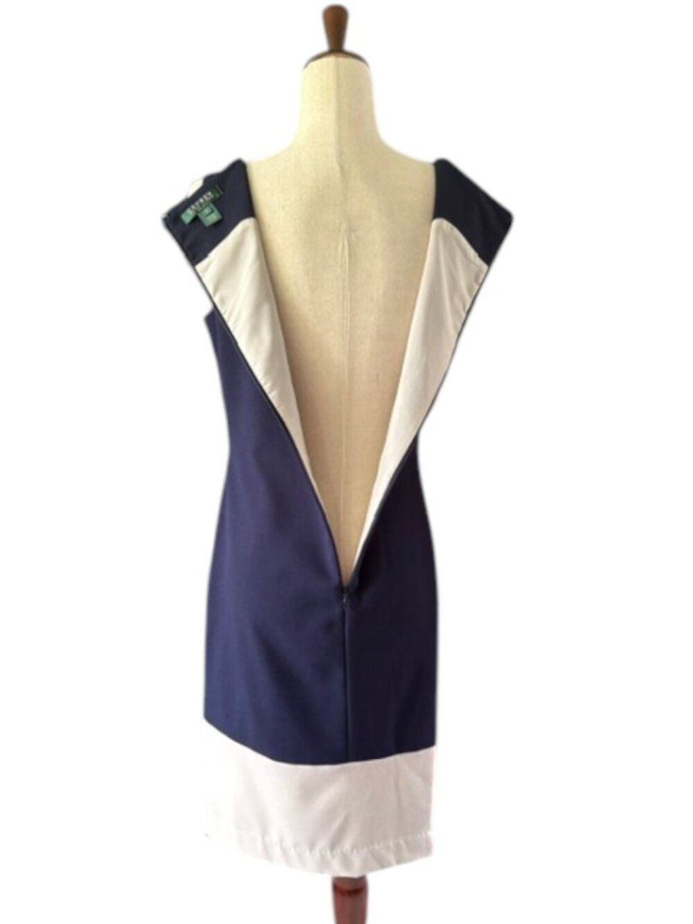 LAUREN Ralph Lauren Color Block Navy Cream Coral Sleeveless Shift Dress SZ 8 EUC - Picture 14 of 16